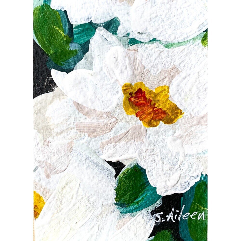 ACEO Original Floral Painting White Wild Roses Green Background Signed 2.5x3.5"
